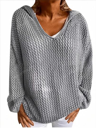 Plus Size Women's Solid Color Drop Shoulder Long Sleeve Hollow Out Hoodie Sweater