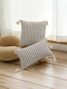 1 pieza/2 piezas Fundas de cojín con estampado de rayas grises y blancas, de tela de lona de algodón, con diseño de flecos en las cuatro esquinas, efecto bicolor, estilo nórdico para sala de estar, sofá, dormitorio, 30*50cm, 45*45cm