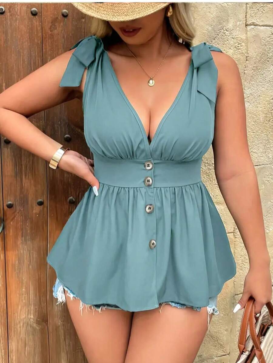 Women Plus Size Summer Minimalist Front Button Fitted V-Neck Camisole