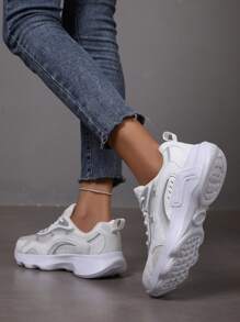 Women's White Fashion Minimalist Sports Shoes, Thick Sole Lightweight & Comfortable Outdoor Casual Lace-Up Low-Top Breathable Running Shoes