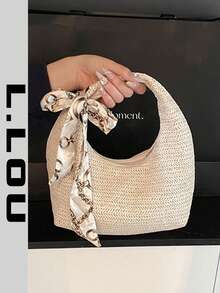 丝巾装饰草编托特包，时尚编织新月形单肩包，纯色休闲大号单肩托特包，百搭通勤包，法棍包 - 米色 - 查看 11