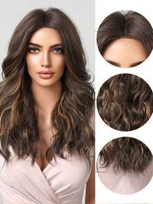 Tóc giả ombre nâu thanh lịch 20 inch, màu nâu pha vàng, kiểu tóc gợn sóng dài rẽ ngôi giữa, làm từ chất liệu tổng hợp, phù hợp cho phụ nữ sử dụng hàng ngày, dự tiệc, cosplay, du lịch nghỉ dưỡng và các dịp khác. - Màu nâu highlight - Xem 5