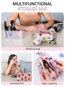 Set de 6/2/1 Bolsa de cosméticos de PVC con estampado de flores de colores, de gran capacidad, transparente y portátil con cremallera de plástico, bolsa de almacenamiento multifuncional para artículos de tocador, bolsa de cosméticos, bolsa de cuidado de la piel, necesidades para viajes, cruceros, dormitorios, regalo para damas de honor, regalo para madre, regalo de cumpleaños, regalo para amigos y maestros