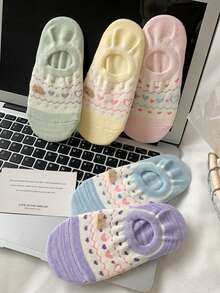 5 Pairs Of Women's Boat Socks, New Spring And Summer Season Short Socks, Cute Cartoon Plush Teddy Bear Invisible Socks, Popular Ice Cream Candy Colored Series Plain Socks, Heart Striped Pattern Sweet Girl Must-Have, Suitable For Indoor Rest Or Outdoor Sports Wear - Multicolor - View 11