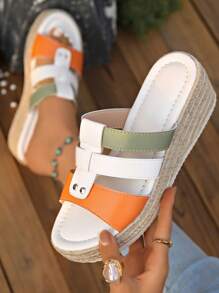 Women's Summer Fashion Platform Wedge Sandals With Modern Color Block Patchwork Strap Upper, Rivet Decor, Rope Sole, Comfortable, Elegant Classic Casual Vacation Chic Platform Sandals