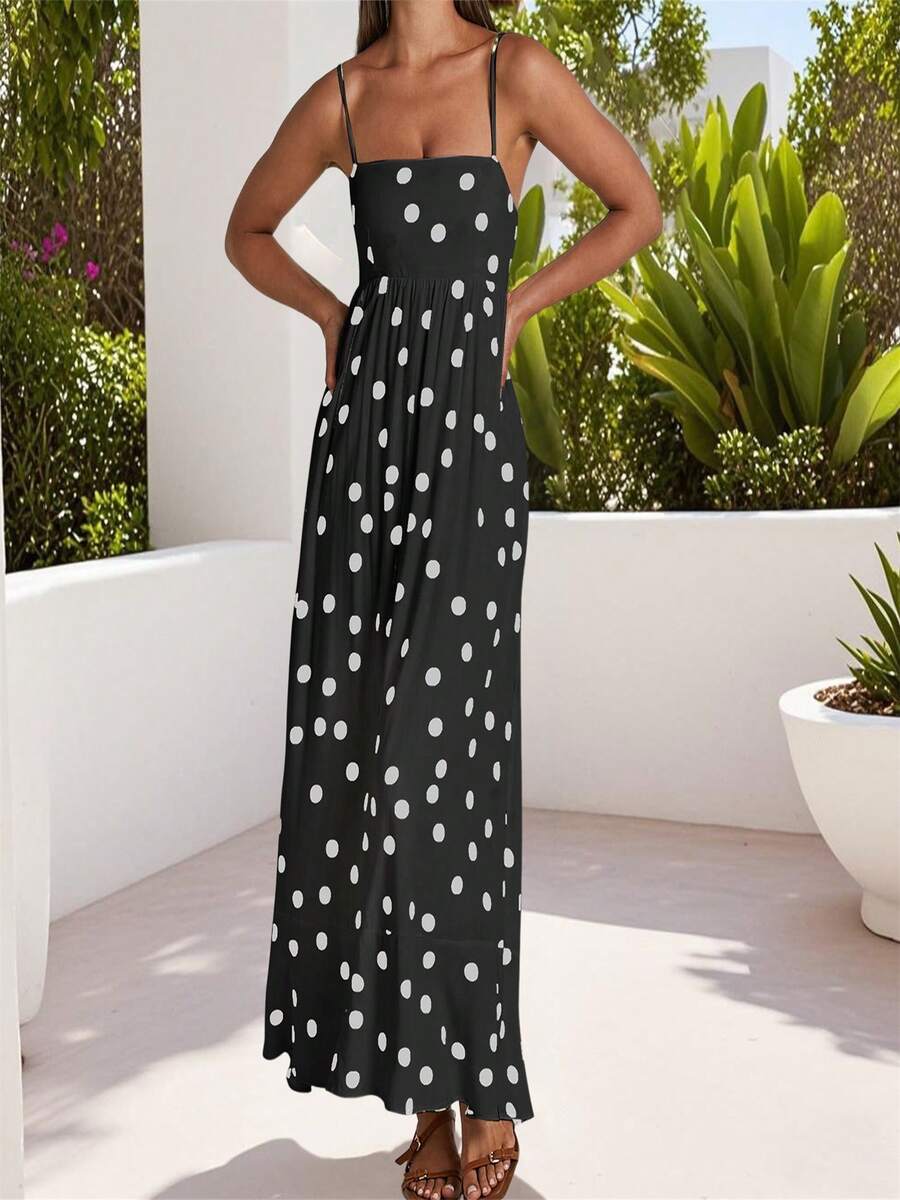 Women Summer Spaghetti Strap Dress Casual Dot Print Backless A-Line Party Dress For Vacation Cocktail Beach Streetwear - màu đen - Xem 1