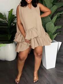 Đầm ôm sát không tay màu trơn cỡ lớn, xếp tầng, thanh lịch cho mùa hè - Màu be - Xem 1