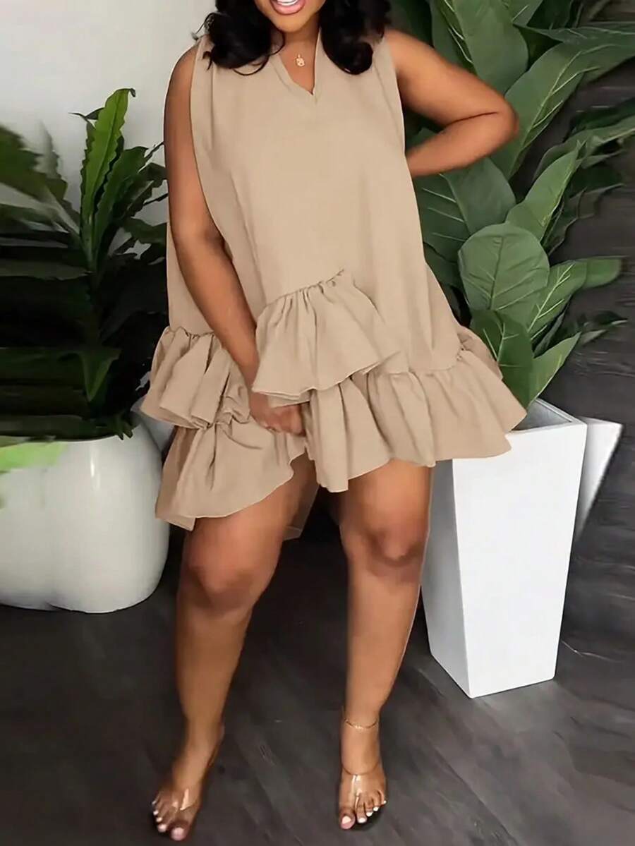 Đầm ôm sát không tay màu trơn cỡ lớn, xếp tầng, thanh lịch cho mùa hè - Màu be - Xem 1