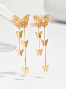 1 Pair Elegant & Gorgeous Ladies' Dangle Earrings, Vintage Metal Style Geometric Butterfly Design With Double Tassel, Unique Long Drop Earrings For Daily, Dating, Gift For Friend, Versatile Accessory - Golden - View 3