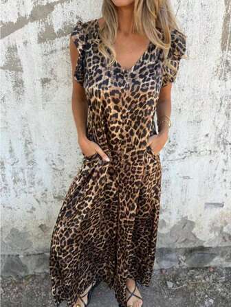 Robe élégante avec imprimé léopard, col V petit, plissé, poche, dos dévoilé
