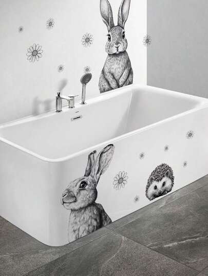 mama look 1 pieza Adhesivo decorativo para baño y inodoro, removible en PVC, con diseños de tigre simple, géminis, gato con flores, mariposa, sirena montada en una ballena, estrella de mar de coral, pulpo, medusa, concha, cangrejo, burbujas, señal de baño, conejo, erizo, margarita, caballo.