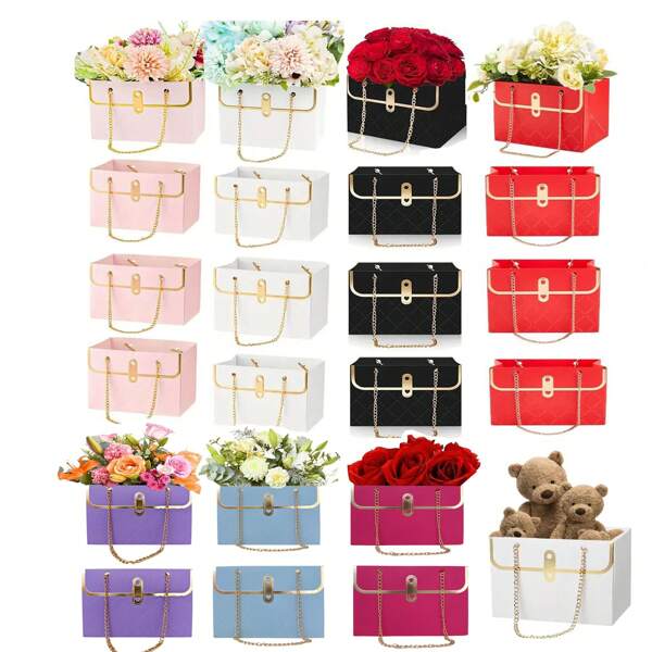 4pcs/Set Elegant Rose Flower Paper Gift Box, Wedding Paper Bouquet Storage Bucket Florist Floral Handbag With Metal Chain, Flower Boxes Gift Wrap Bag Perfect Gift Packaging For Wedding Birthday Festivals Party Valentine's Day, Back To School Valentine Day