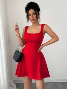 abyoxi Abito elegante e sexy rosso con scollo quadrato, senza maniche, a-line, per laurea, con dettaglio arricciato in vita, adatto per appuntamenti, shopping, laurea, feste, balli, primavera estate, nuovo abbigliamento da donna
