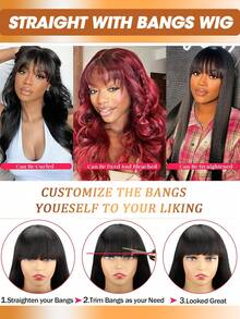 Brazilian Virgin 200% Density Body Wave None Lace Front Wigs Human Hair With Bangs Glueless Machine Made Wigs For Women Natural Color - Natural Black - View 5