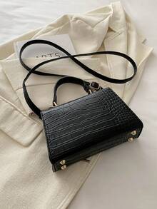 Mini Crocodile Grain Flap Handbag, Tote/Crossbody/Shoulder Bag, Minimalist Solid Color, Portable & Lightweight, Adjustable Strap, Suitable For Women, Young Professionals & Office Ladies, Ideal For Office, Work, Business, Commuting - Black - View 7