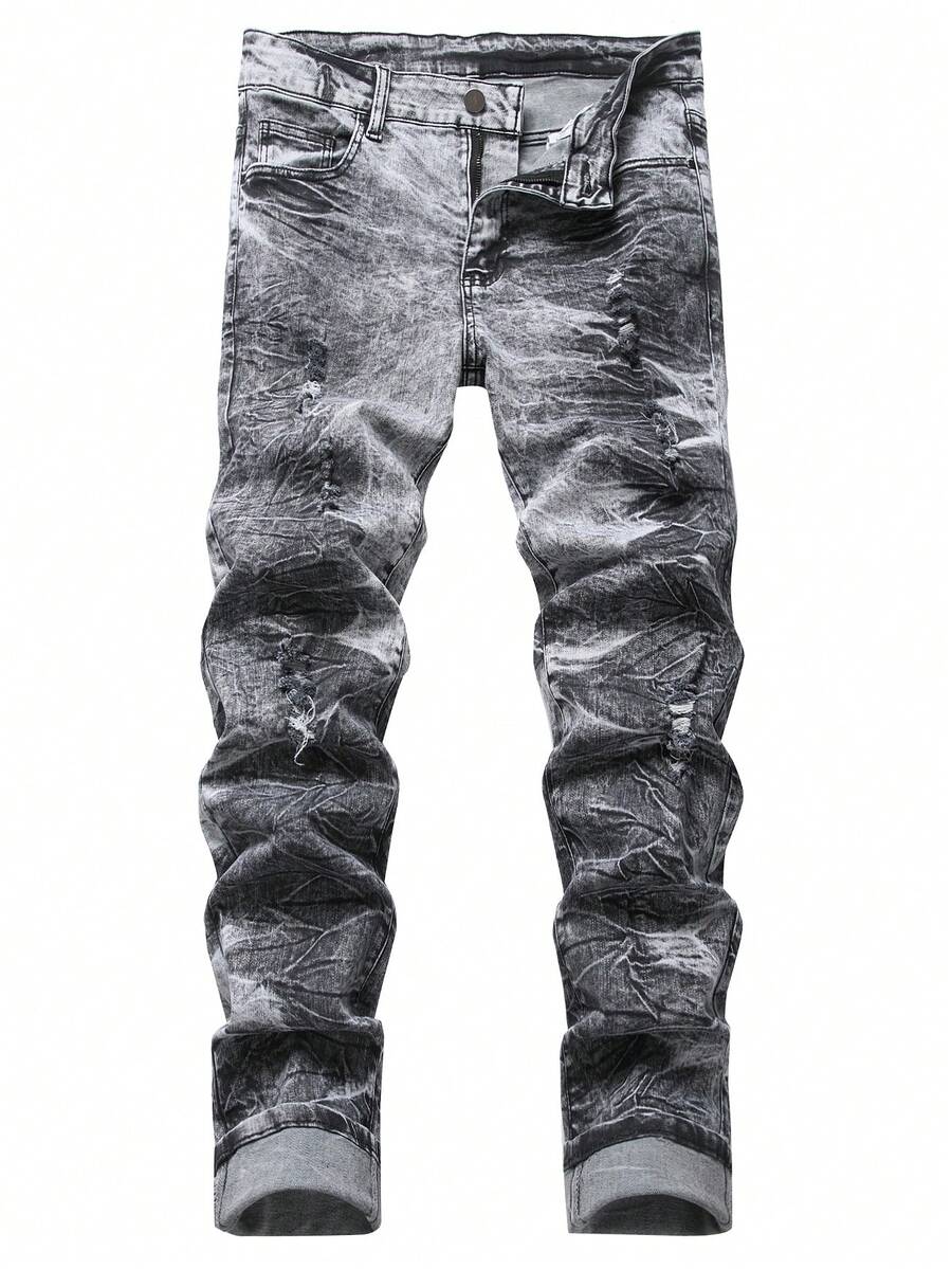 Men's Slim Fit Stretch Jeans Ripped Skinny Jeans For Men, Fashion Distressed Straight Comfort Flex Waist Pants - Xám - Xem 1