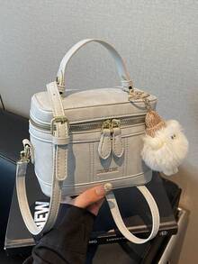Fashionable Gray Retro PU Mini Handbag (With Plush Pendant Gift) - Grey - View 1