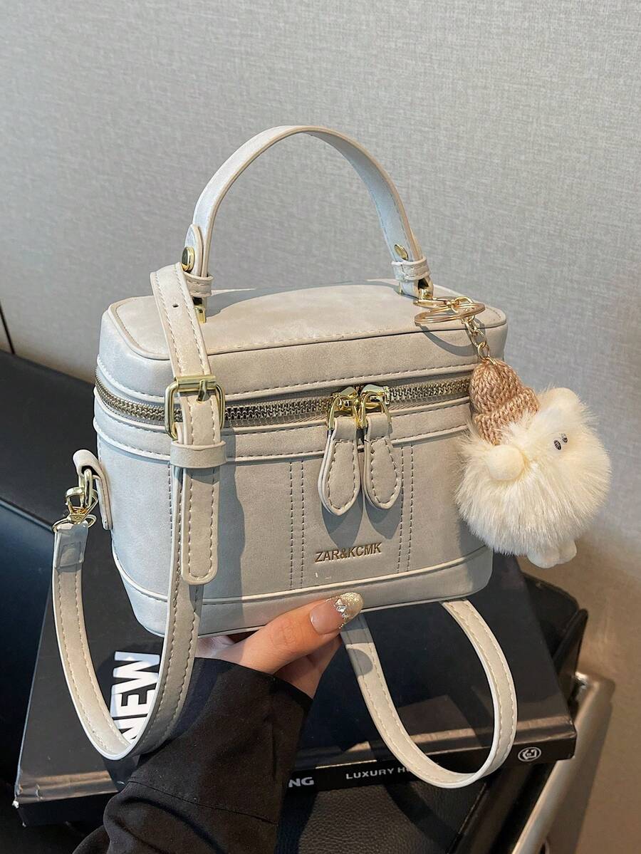 Fashionable Gray Retro PU Mini Handbag (With Plush Pendant Gift) - Grey - View 1