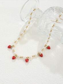 4pcs/Set Women's Fashion Cute Cartoon Strawberry Pendant Faux Pearl Necklace Bracelet Earrings Jewelry Set, For Daily Wear - Multicolor - View 3