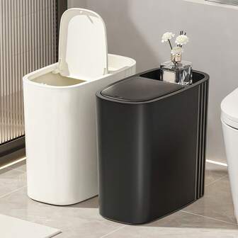 1 ชิ้น ถังขยะแบบเพรียว มีฝาปิด | ช่องด้านบนสำหรับถุงขยะ, โพทพูร์รี, โทรศัพท์, ทิชชู่ และอื่นๆ | ถังขยะพลาสติกแบบเพรียวสำหรับห้องน้ำและห้องครัว | ฝาเปิดปิดกด กันน้ำและทำความสะอาดง่าย | ถังขยะ Multipurpose สำหรับห้องนั่งเล่นและห้องนอน