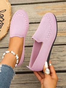2025 Plus Size Women's Flat Slip-On Shoes, Knitted Uppers, Comfortable & Non-Slip, Lightweight & Breathable, Versatile Outdoor Casual Flats - Pink - View 6