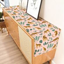 1pc Green Plant & Leopard Printed Table Runner, Suitable For Festivals, Parties, Birthdays, Dinners, Kitchen, Dining Room, Room Decor, Home Textile Decoration, All Seasons