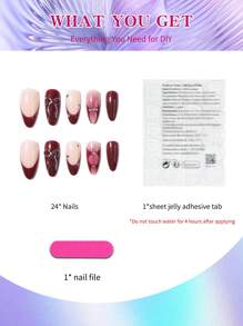 24Pcs 3d Gelnails Makes Bow Design Red French Tip Press On Nails Almond Design Fit Perfectly Acrylic False Nails Set,Embellished With Rhinestone,Include: 1pc Jelly Glue And 1pc Nail File, Valentine Nails & French Almond Tip Nails For Woman Girl Daily Wear Rave Party Use