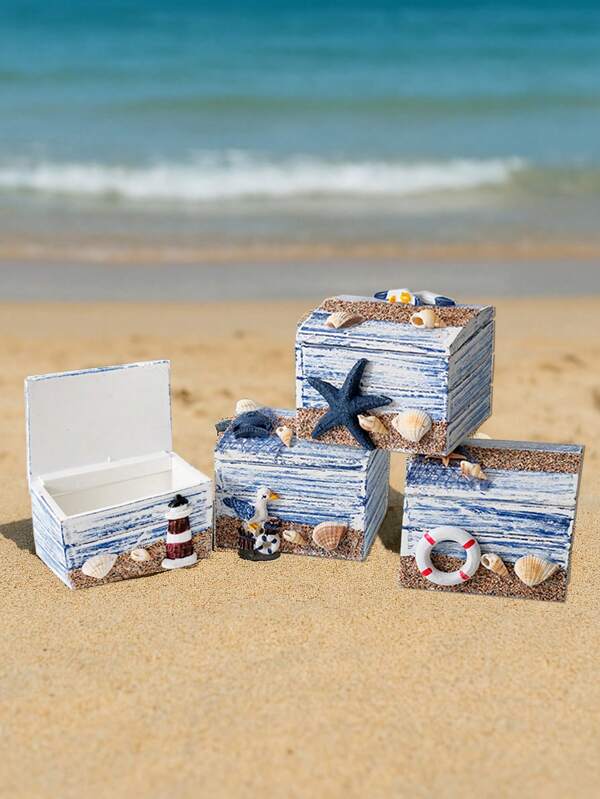 1 peça caixa de armazenamento de madeira estilo náutico para praia, organizador de joias decorativo com concha, estrela do mar, design de farol, mini caixa de presente para decoração de casa e sala