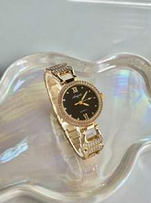 1pc Women Round Elegant Glamorous Quartz Watch, Versatile For Daily Wear Or Gatherings Halloween, Gifts