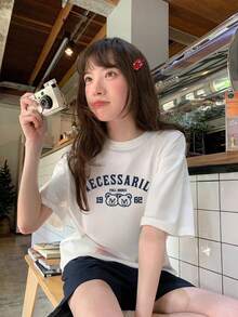 女士休闲圆领字母与卡通印花落肩 T 恤 - 白色 - 查看 5