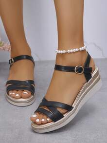 Giày sandal đế xuồng dày dặn màu vàng kim cổ điển dành cho nữ mùa hè, kiểu dáng thường ngày đi biển. Sandal đế xuồng quai đen mũi tròn cổ điển thoải mái, đa năng dành cho nữ. Sandal đế xuồng cài chéo thanh lịch, thoải mái, dễ xỏ. - màu đen - Xem 4