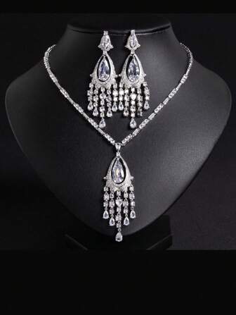 3 件套女士新娘首饰时尚婚礼项链套装、流苏水滴耳环、项链 3 件套首饰套装、闪亮奢华派对首饰、节日礼物（多色可选）