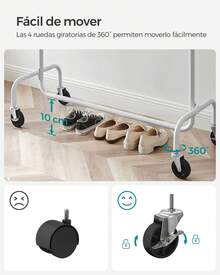 Feandrea Burro Ropa con Ruedas, Perchero Burro Extensible con Carga Pesada, Capacidad de Carga de 130 kg, 45 x (110-150) x 162,9 cm, Fácil de Montar, Portátil, Blanco Mate, Vuelta al Cole - Blanco - Ver 5