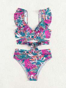 Women's 2 Piece Swimsuit Fashion Wrap Tie Back Ruffle Bikini Set Summer Bathing Suits - Hot Pink - View 3