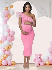 JustVH Maternity Sheer Collar Midi Dress, Suitable For Baby Shower Party And Photo Shoot Pink Spring - Pink - View 3