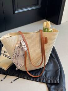 Simple Silk Scarf Decoration Straw Woven Bag For Women, Portable Shoulder Tote Bag Suitable For Vacation Travel