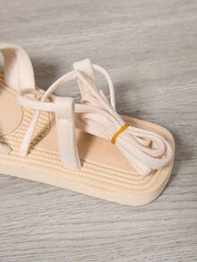 Women's Simple & Fashionable White Flat Roman Sandals, Comfortable Non-Slip Linen Sole, Suitable For Resort, Hawaii Beach, Summer - Beige - View 7