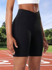 1pc Women's Summer Yoga Shorts With Criss-Cross Waistband And Pockets, Tight Fitting Workout Shorts For Yoga, Fitness, Running, Cycling, Suitable For Outdoor And Sports Activities - Black - View 4