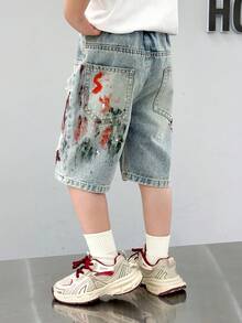 Young Boys' Summer Ripped Graffiti Denim Shorts - Blue - View 8