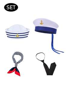 Cosplay Costume Set: Sailor Cap, Naval Cap, White Cap, Retro Flat-Top Army Cap, Captain's Sailor Hat, Blue & White Striped Captain's Hat, Sailor Hat, Scarf, Glasses, Gloves. Accessories Set For Role Play, Party Theme, Personalized Match, Sexy Outfit. Suitable For Daily Use, Gift, Valentine's Day, Halloween, Birthday, Holiday, Summer Travel, Beach, Yacht, Vacation, Events, Parties, Bars - Multicolor - View 1