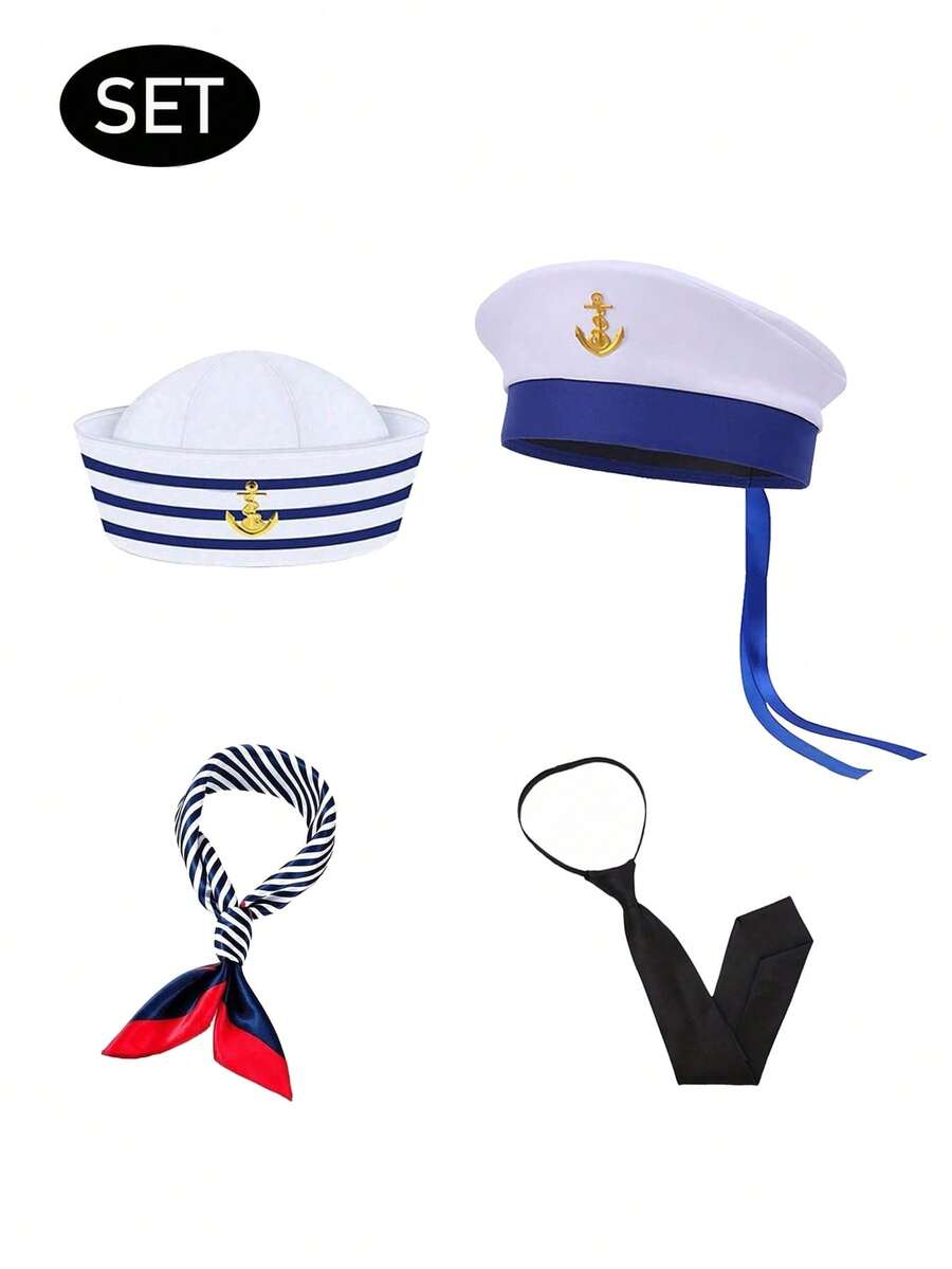 Cosplay Costume Set: Sailor Cap, Naval Cap, White Cap, Retro Flat-Top Army Cap, Captain's Sailor Hat, Blue & White Striped Captain's Hat, Sailor Hat, Scarf, Glasses, Gloves. Accessories Set For Role Play, Party Theme, Personalized Match, Sexy Outfit. Suitable For Daily Use, Gift, Valentine's Day, Halloween, Birthday, Holiday, Summer Travel, Beach, Yacht, Vacation, Events, Parties, Bars - Multicolor - View 1