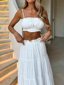 Look Polly 女士度假旅行沙滩两件套，纯色无肩带吊带上衣和长裙，女装，返校季，全白秋季套装，适合教堂、度假、音乐会、休闲居家穿着，优雅女士套装，沙滩套装，时尚服装系列 - 白色 - 查看 11