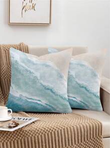 2 Pcs Wave Pattern Cushion Covers, Blue Wave Marble Textured Pillow Shams, Vacation Style Polyester Single-Sided Printing Hidden Zipper Pillow Cases, Without Pillow Inserts, Home Decor, Suitable For Summer Party, Pool Decoration, Bedroom, Living Room, Dorm, College Bedding, 45x45cm