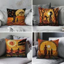 4pcs African Art Sunset Life African Women Printed Throw Pillow Covers [No Pillow Insert], 17.7*17.7in(45*45cm), [Single-Sided Printing] Farmhouse Rural Landscape Polyester Decorative Cushion Covers, For Sofa, Bed, Living Room, Bedroom, Car, Office, Hotel Decor, All Seasons Perfect Gift For Family & Friends