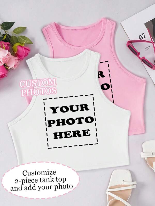 Personalisiertes 2-teiliges Set aus Sportshorts und Tops, Große Größen, Personalisierte Grafikshirts für Damen, Fügen Sie Fotos hinzu (Selfie/Landschaft/Familienfoto/Freunde/Pärchen/Muster/Haustiere etc.), Erstellen Sie Ihre eigenen personalisierten bedruckten Tops als Geschenk für Freundinnen, Paar-Dating-Tops etc.