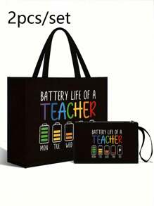 Gift- Large Capacity Fashion Tote Bag With "Battery Life Of A Teacher" Print, Cosmetic Bag, Lining, And No Closure - Perfect For Educators And School Staff, Best Teacher Appreciation Gifts, Thank You Teacher Gifts