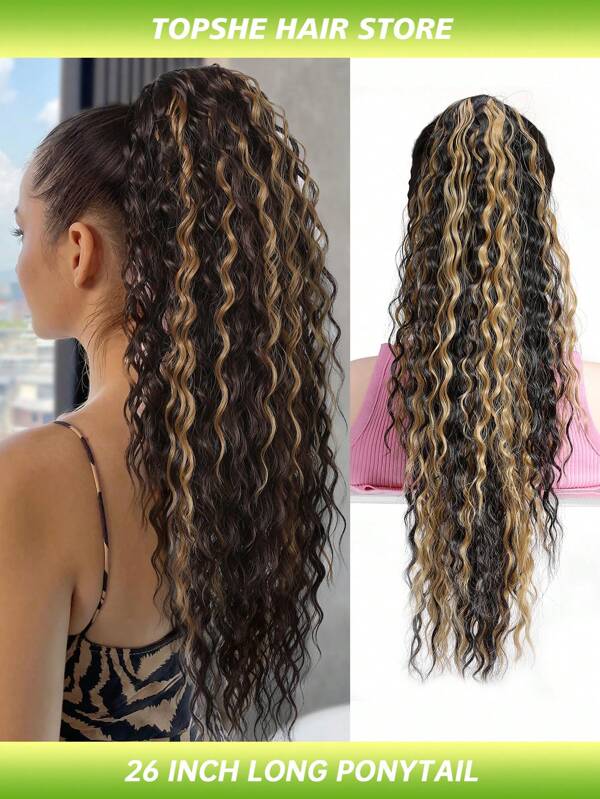 26 Inch Ponytail Extension Long Bohemian Curly Highlight Drawstring Ponytail Multi Layered Light Fluffy Clip In Hair Extensions Ponytail Chocolate Brown Caramel Blonde Highlights