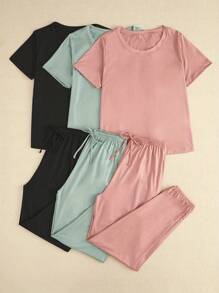 6pcs/Set Women Summer Short Sleeve Top & Pants Solid Color Casual Sleepwear Set Outfit