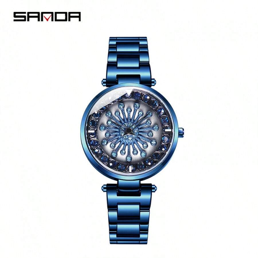 Sanda Women's Watches Full Star 360 Degree Rotating Watch Diamond Encrusted Hourly Steel Strap Women's Watches - Blue - View 1