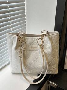 Fashion Striped Handbag - Women Large Capacity Shoulder Bag - Zipper Tote Bag For Everyday Use - Metal Chain Strap Tote - White - View 2